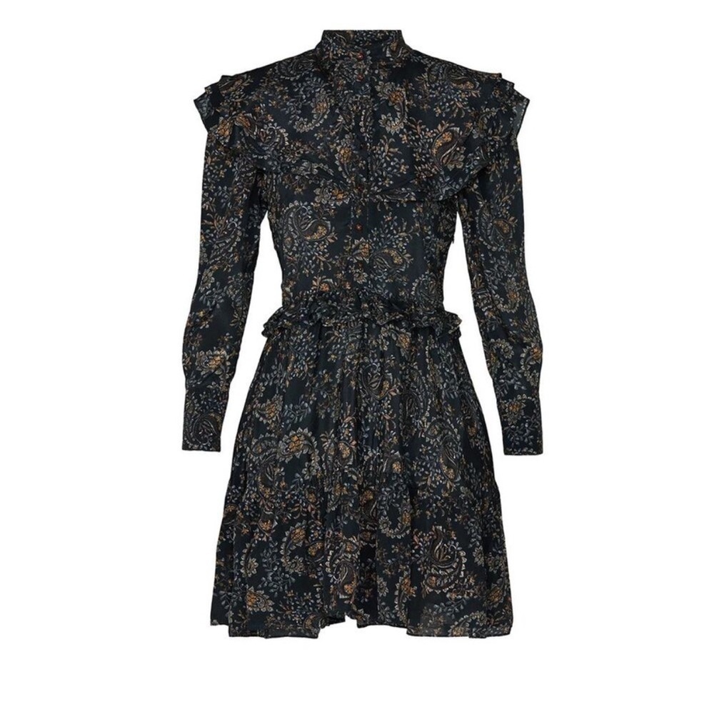 Nicholas Elsie Black Paisley Ruffle A-Line Long Sleeve Boho Mini Dress NWT - Picture 4 of 12